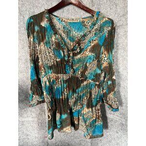 Notations Womens Boho Tunic Top L Blue Brown Abstract Print 3/4 Sleeve sheer